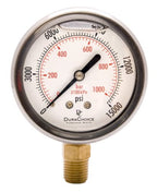 2-1/2" Oil Filled Pressure Gauge - Stainless Steel Case, Brass, 1/4" NPT, Lower Mount Connection, 0-15,000PSI