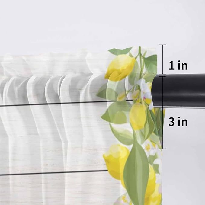 Lemon Dwarfs Sheer Valance Curtains, Gnome Green Leaf Wood Striped Yellow Plaid Light Filtering Kitchen Valances Rod Pocket Voile Curtain Window Treatment for Bedroom/Living Room/Basement 60Wx18L