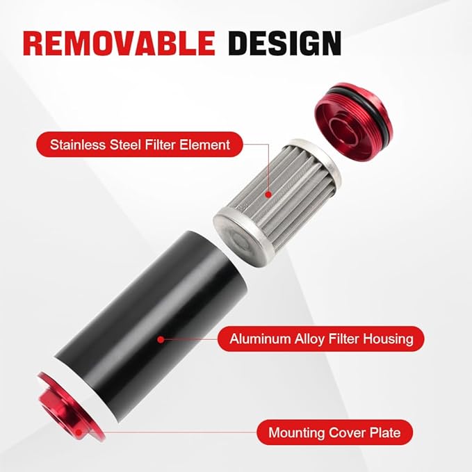 BARTOO Universal 50MM 100 Micron Inline Fuel Filter with 6AN 8AN 10AN Adapter For Filtering Gasoline, Diesel, E85-Red