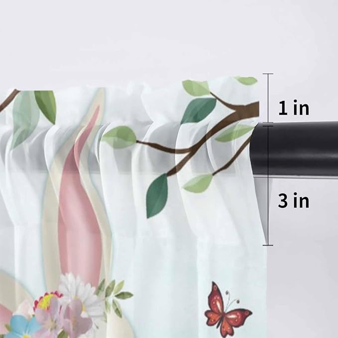 Easter Sheer Valances for Windows 42"x12", Light Filtering Kitchen Curtains Valance, Spring Watercolor Bunny Eggs Tulip Flower Plant Rod Pocket Chiffon Curtains for Living Room Bedroom Cafe