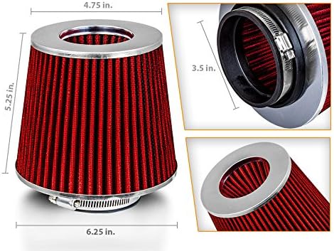 Rtunes Racing Universal Clamp-On Air Filter, Standard Cone, Dry Washable Design, Multiple Inlet Sizes (Red, 3.5" Inch)