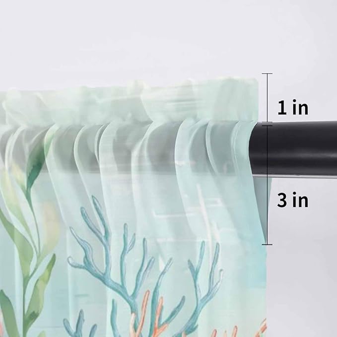 Summer Beach Sheer Valance Curtains, Green Ocean Colorful Coral Shell Seaweed Starfish Light Filtering Kitchen Valances Rod Pocket Voile Curtain Treatment for Bedroom/Living Room/Basement 42Wx18L