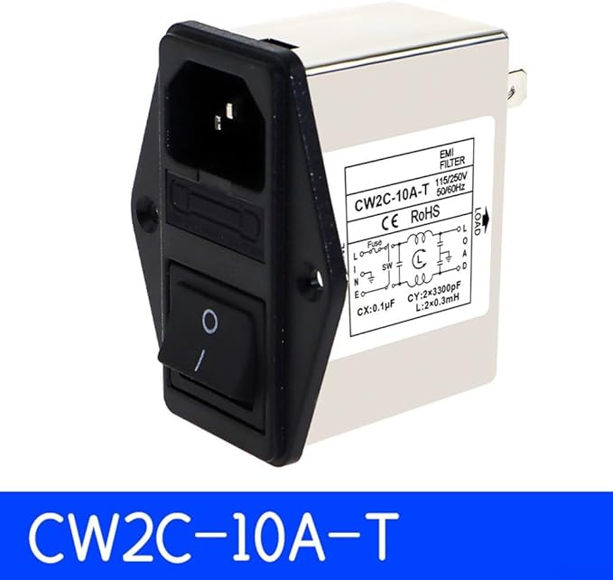 IEC Power Filter, Inlet Power Socket, IEC Socket Power Filter with Built-in Fuse and Rocker Switch, Noise Suppression, Compatible with CW2C-3A-T/CW2B-6A-T/CW2B-10A-T (CW2C-10A-T)