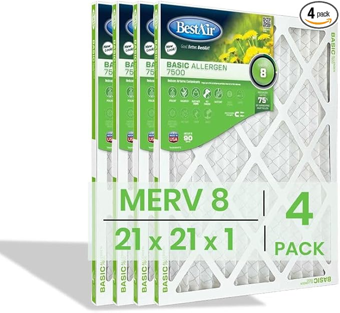 BestAir 21x21x1 Air Filter (4-Pack) | MERV 8 Basic Allergen 7500 HVAC AC Furnace Filter | Replacement Air Filter for Residential & Commercial Use | Made in USA | Actual Size (20.75 x 20.75 x 0.75)