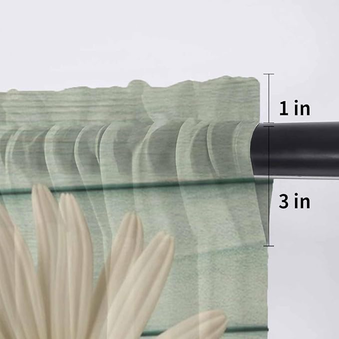 Daisy Flower Sheer Valances for Windows 42"x18", Light Filtering Kitchen Curtains Valance, Modern Art Floral Farmhouse Teal Wooden Grain Rod Pocket Chiffon Curtains for Living Room Bedroom Cafe
