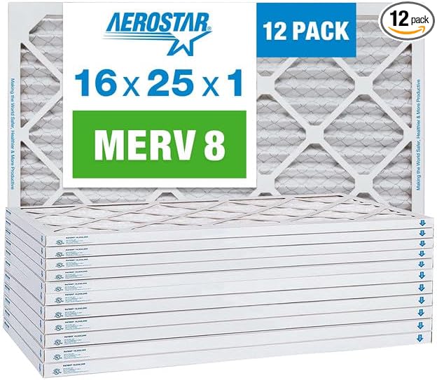 Aerostar 16x25x1 MERV 8 Air Filter, Pleated AC Furnace HVAC Filters (15.75x24.75x0.75), Electrostatically Charged for Allergies Dust Pet Dander Pollen Mold Lint, MPR 600 FPR 5, USA, 12 Pack