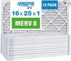 Aerostar 16x25x1 MERV 8 Air Filter, Pleated AC Furnace HVAC Filters (15.75x24.75x0.75), Electrostatically Charged for Allergies Dust Pet Dander Pollen Mold Lint, MPR 600 FPR 5, USA, 12 Pack