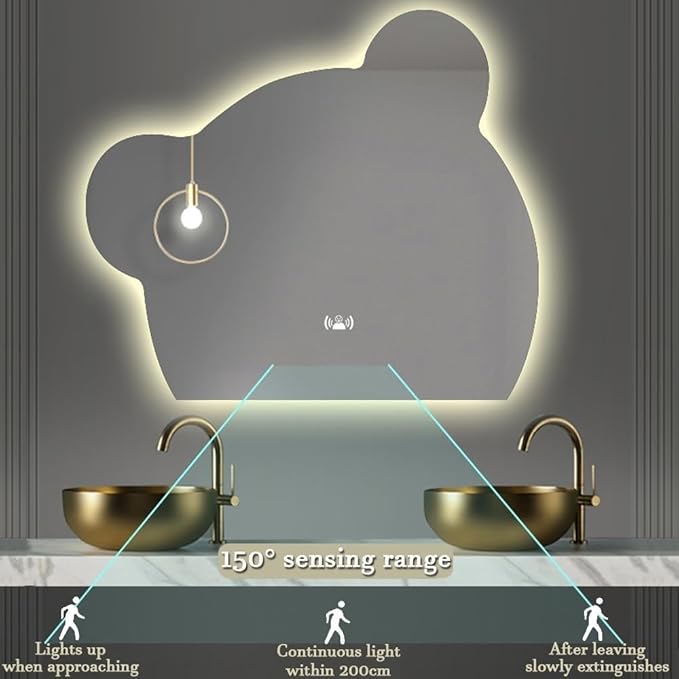 LTSRLL LED Vanity Mirror Cute Bear Decorative Mirror for Bathroom & Dressing Tabler Backlight Wall Mirror with 3 Color Dimmable Light Demister Pad Human Body Sensor Switch(Cut Left,60cmx75cm)
