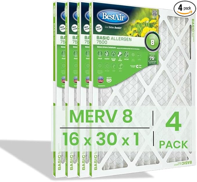 BestAir 16x30x1 Air Filter (4-Pack) | MERV 8 Basic Allergen 7500 HVAC AC Furnace Filter | Replacement Air Filter for Residential & Commercial Use | Made in USA | Actual Size (15.75 x 29.75 x 0.75)