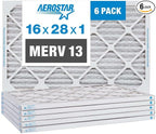 Aerostar 16x28x1 MERV 13 Pleated Air Filter, AC Furnace Air Filter, 6 Pack (Actual Size: 16" x 28" x 3/4")