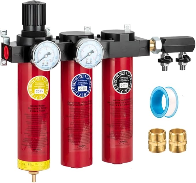 NANPU Z Series 3-Stage Air Filtration System - Sintered, Fine, & Charcoal Filters, 1/2" NPT Inlet, 1/4" NPT Outlet Module, 0-230 psi Gauge, 127 CFM @ 6 bar, Metal Housing, Auto Drain