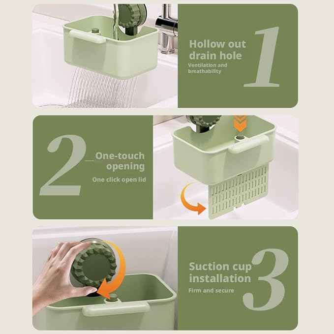 2Pcs Kitchen Sink Strainer Drainer Basket with Suction Cup,Food Waste Filter Basket,Sponge Brush Holder for Kit-chen Home,Efficient Kitchen Waste Management (Green)