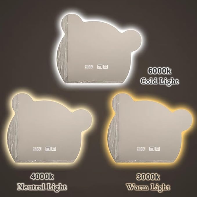 LTSRLL LED Vanity Mirror Cute Bear Decorative Mirror for Bathroom & Dressing Tabler Backlight Wall Mirror with 3 Color Dimmable Light Demister Pad Human Body Sensor Switch(Cut Left,60cmx75cm)