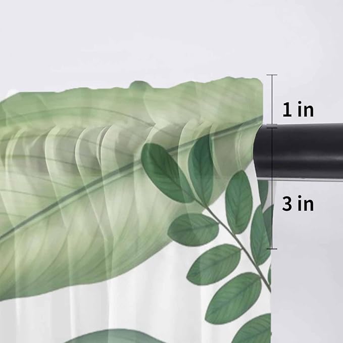 Summer Palm Leaf Sheer Valance Curtains, Green Tropical Plants Nature Leaves Modern Light Filtering Kitchen Valances Rod Pocket Voile Curtain Window Treatment for Bedroom/Living Room/Basement 54Wx18L