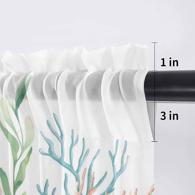 Summer Beach Sheer Valance Curtains, Ocean Colorful Coral Shell Seaweed Starfish Light Filtering Kitchen Valances Rod Pocket Voile Curtain Window Treatment for Bedroom/Living Room/Basement 42Wx18L