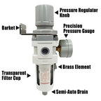 3/8" NPT Air Filter Pressure Regulator Combo Water Separator for Air Compressor Line Semi-Auto Drain 5 Micron Brass Element 0-150 psi Gauge