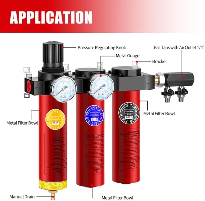 NANPU Z Series 3-Stage Air Filtration System - Sintered, Fine, & Charcoal Filters, 3/8" NPT Inlet, 1/4" NPT Outlet Module, 0-230 psi Gauge, 127 CFM @ 6 bar, Metal Housing, Heat Resistant to 248°F