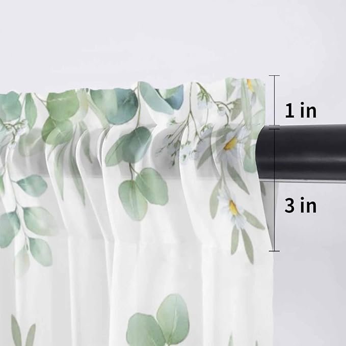 Eucalyptus Leaves Daisy Sheer Valance Curtains, Summer Farmhouses Flower Light Filtering Kitchen Valances Rod Pocket Voile Curtain Window Treatment for Bedroom/Living Room/Basement 54Wx18L