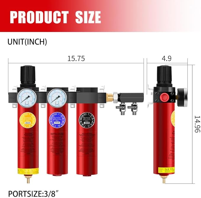 NANPU Z Series 3-Stage Air Filtration System - Sintered, Fine, & Charcoal Filters, 3/8" NPT Inlet, 1/4" NPT Outlet Module, 0-230 psi Gauge, 127 CFM @ 6 bar, Metal Housing, Heat Resistant to 248°F