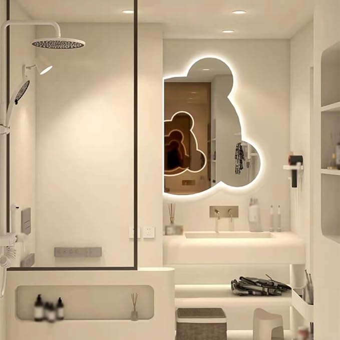LTSRLL LED Vanity Mirror Cute Bear Decorative Mirror for Bathroom & Dressing Tabler Backlight Wall Mirror with 3 Color Dimmable Light Demister Pad Human Body Sensor Switch(Cut Left,60cmx75cm)