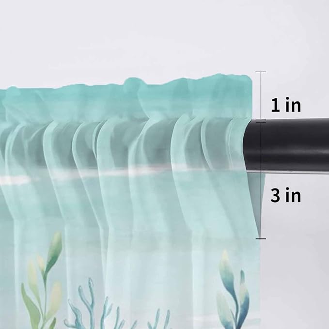 Summer Beach Sheer Valance Curtains, Green Ocean Colorful Coral Shell Seaweed Starfish Sandy Light Filtering Kitchen Valances Rod Pocket Voile Curtain for Bedroom/Living Room/Basement 42Wx12L