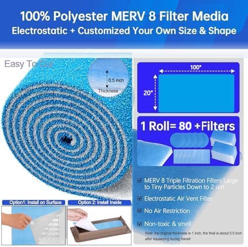 Air Vent Filters,20"x100"Cut to Fit Air Filter Material (80+Filters),MERV 8 Electrostatic Air Vent Filter for Home Floor, Grilles, Ceiling, HVAC Furnace Vents, With 48PCs Adhesive Hook Tape