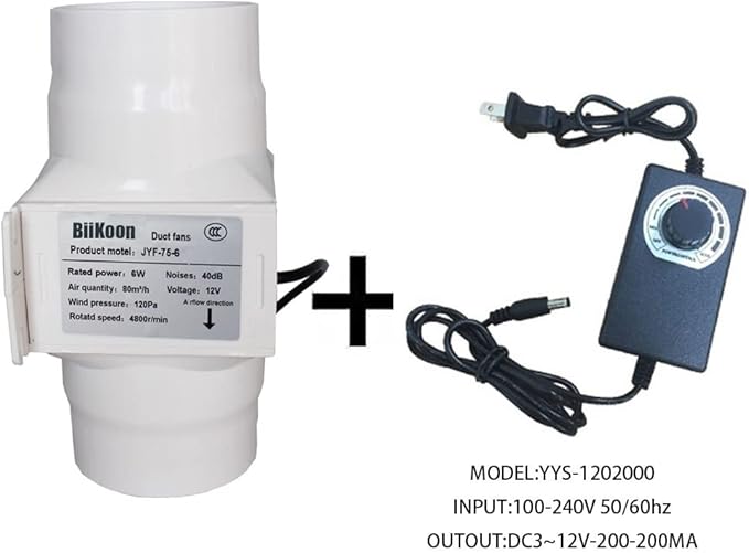 3 Inch Duct Fan Variable Inline Exhaust Blower 12V Extractor Fan 47Cfm Powerful Universal Silent Fan Filter Booster for Hydroponics Home Use (Color : Adjustable Speed, Size : 6w)