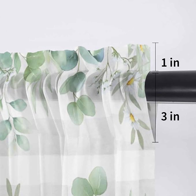 Eucalyptus Leaves Daisy Sheer Valance Curtains, Summer Farmhouses Gray Plaid Light Filtering Kitchen Valances Rod Pocket Voile Curtain Window Treatment for Bedroom/Living Room/Basement 42Wx12L