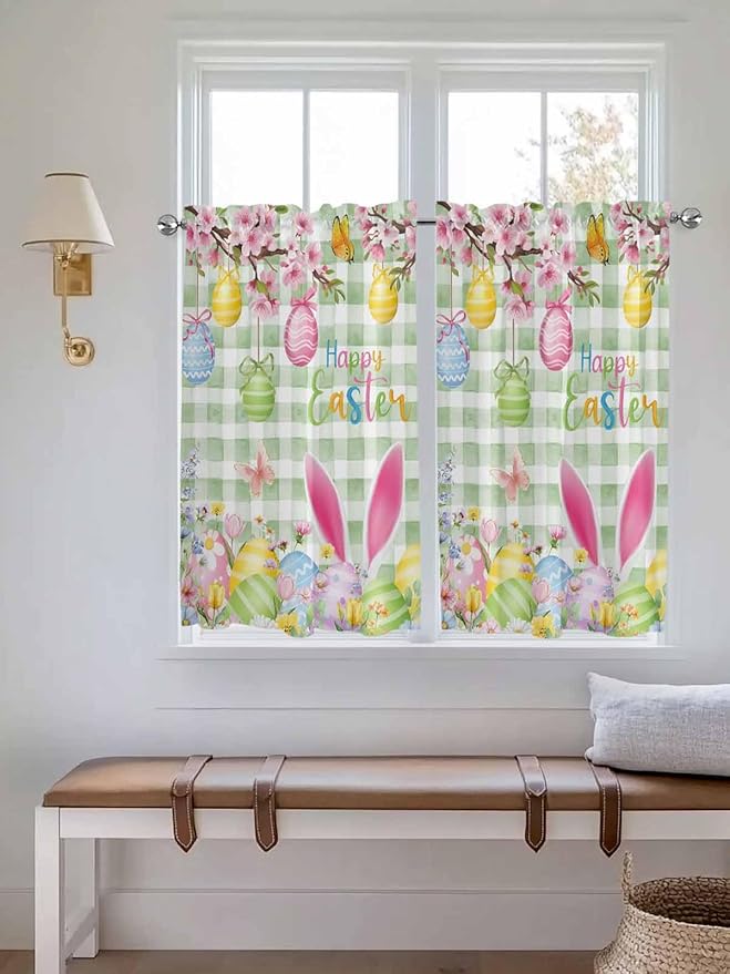 Happy Easter Tier Curtains 45 Inches Long, Spring Bunny Eggs Flower Sage Green Plaid Window Treatment Curtain Drapes, Window Half Privacy Curtains for Bedroom Bathroom, 42"x45", 2 Panels