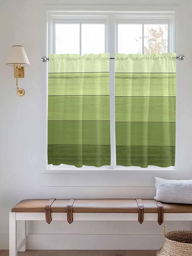 Gradient Green Wooden Board Window Valance Curtains, Retro Country Wood Grain Light Filtering Kitchen Valance with 3-inch Rod Pocket for Living Room Bathroom Bedroom,2 Panel,52x45In
