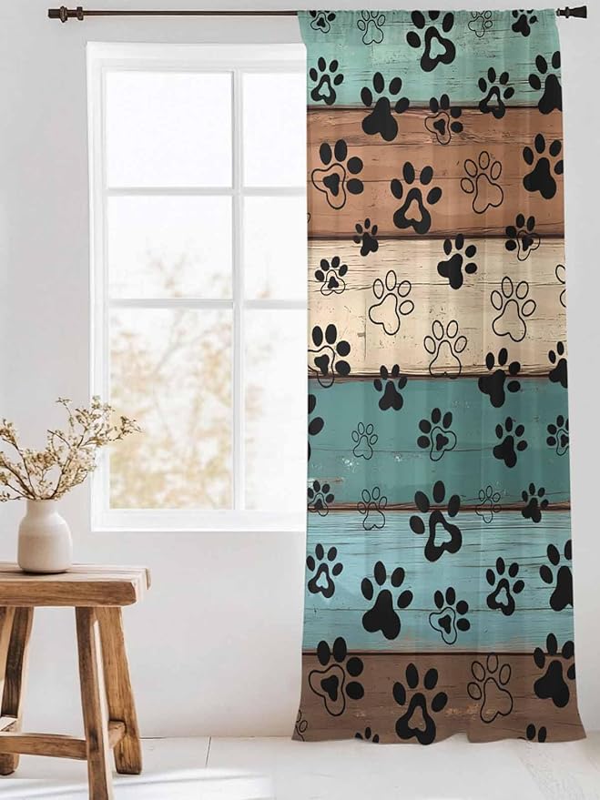 Sheer Curtains 84 Inches Long, Green Brown Paw Print Semi Sheer Curtains Light Filtering Window Treatment, Vintage Farmhouse Country Wooden Grain Privacy Voile Drapes for Living Room 52x84 Inch