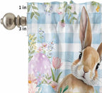 Kitchen Curtains Tiers and Valance Set of 3, Easter Light Filtering Window Curtain Set, Spring Rabbit Eggs Seasonal Flowers Blue Lattice Rod Pocket Curtain Drapes for Living Room, 36 Inches Tiers