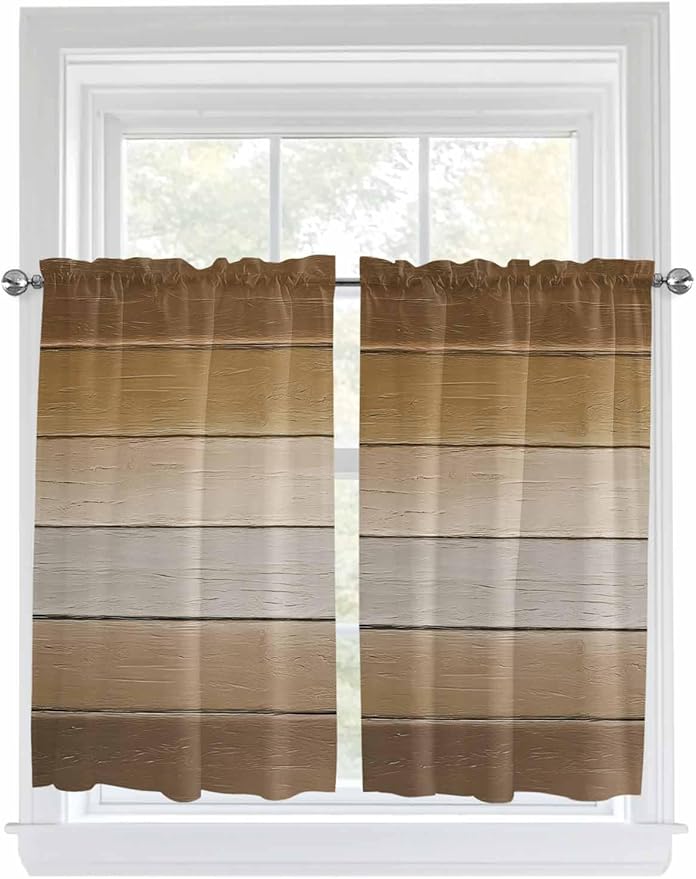 Vintage Brown Gradient Wood Grain Window Valance Curtains, Farmhouse Wood Barn Light Filtering Kitchen Valance with 3-inch Rod Pocket for Living Room Bathroom Bedroom,2 Panel,52x54In