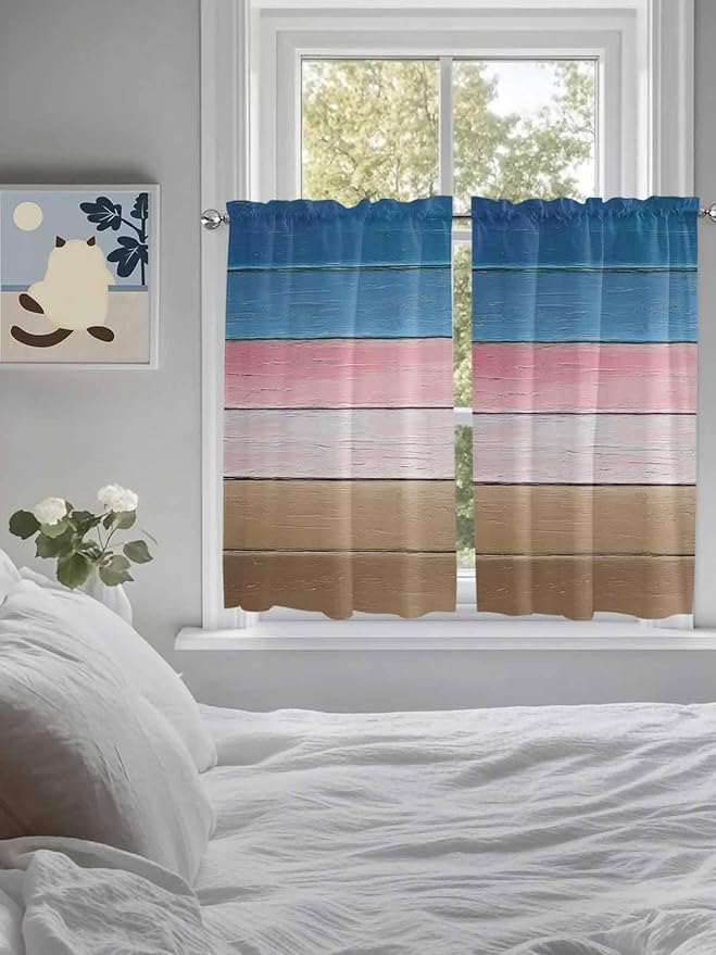 Blue Pink Brown Gradient Wood Grain Window Valance Curtains, Vintage Wood Board Light Filtering Kitchen Valance with 3-inch Rod Pocket for Living Room Bathroom Bedroom,2 Panel,52x54In