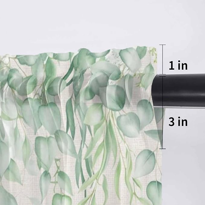 Green Leaf Sheer Valance Curtains, Eucalyptus Leaves Vintage Linen Texture Spring Plant Light Filtering Kitchen Valances Rod Pocket Voile Curtain Treatment for Bedroom/Living Room/Basement 54Wx18L