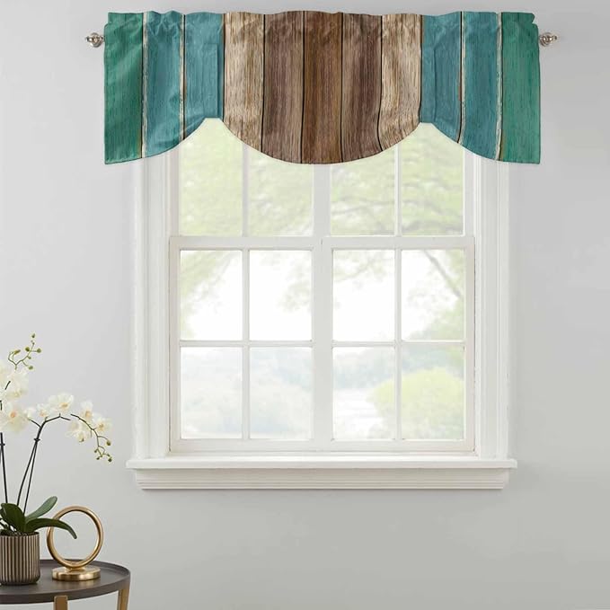 Teal Blue Brown Tie Up Valance Curtains for Windows, Kitchen Curtains Window Shades, Farmhouse Retro Wooden Grain Stripes Light Filtering Roman Curtain Valances for Bedroom/Bathroom/Cafe 42"x18"