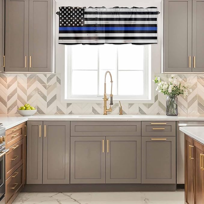 American Flag Valances for Windows, Blue Line Star Black White Stripes Wood Grain Kitchen Valance Light Filtering Rod Pocket Short Curtains for Kitchen Bathroom, 1 Panel, 60"x14"