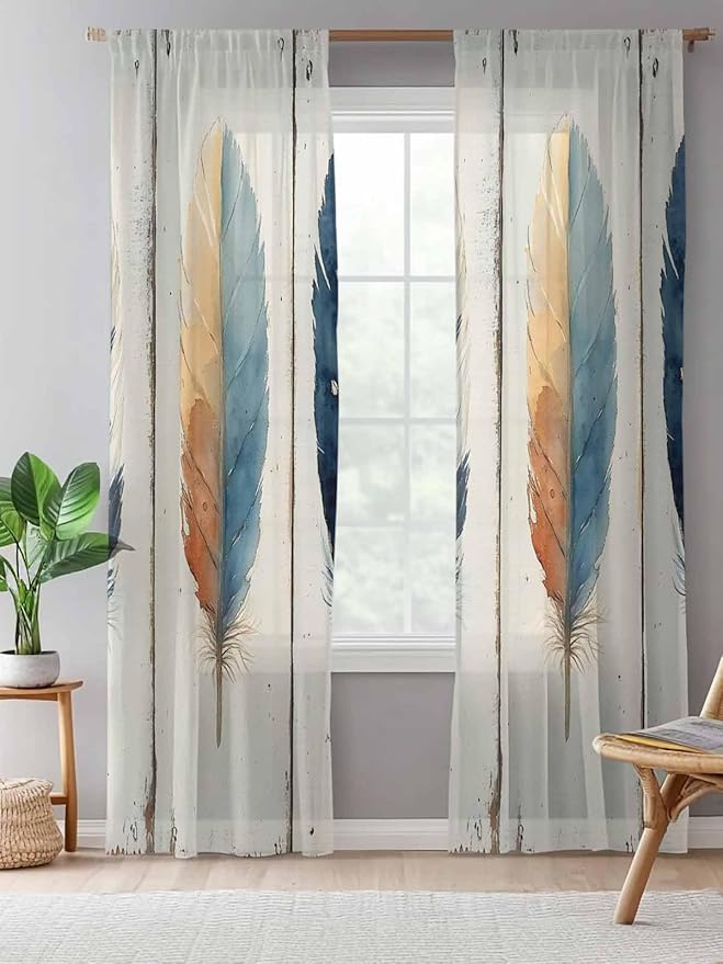 Sheer Curtains 96 Inches Long, Blue Brown Feathers Semi Sheer Curtains Light Filtering Window Treatment, Boho Ombre Vintage Wooden Grain Privacy Voile Drapes for Living Room Bedroom 52x96 Inch