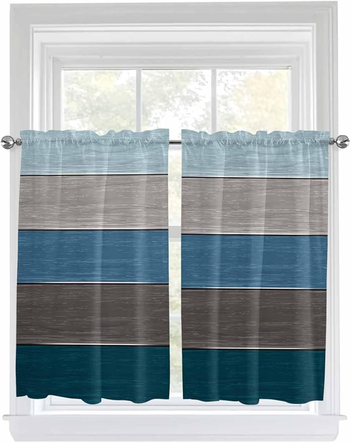 Retro Farm Blue Gray Wood Grain Window Valance Curtains, Rustic Wooden Plank Light Filtering Kitchen Valance with 3-inch Rod Pocket for Living Room Bathroom Bedroom,2 Panel,27.5x45In