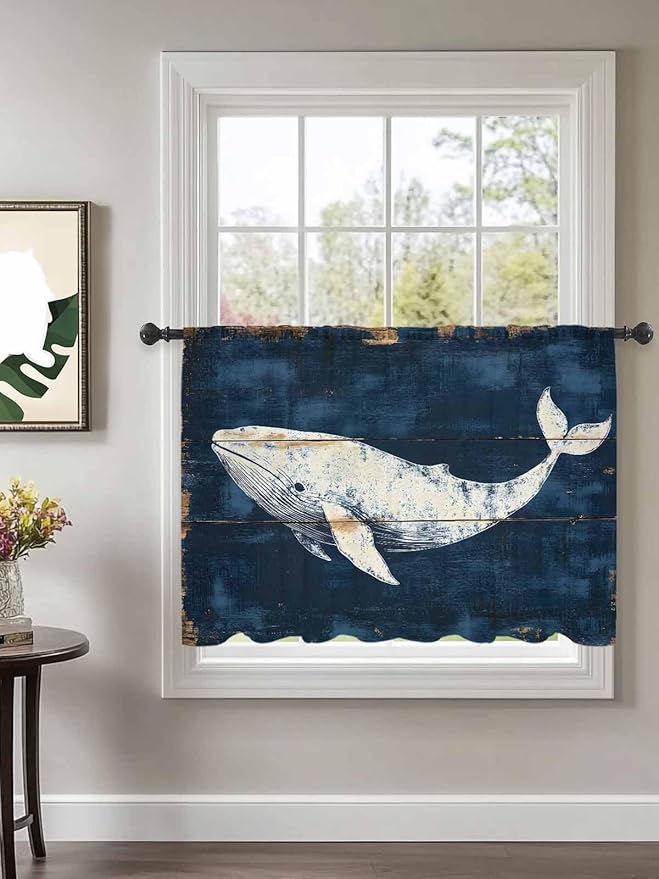 Sheer Curtains 54 Inch Length, Ocean Whale Blue Semi Sheer Curtains Light Filtering Window Treatment, Coastal Vintage Wooden Grain Privacy Voile Drapes for Living Room Bedroom 52x54 Inch