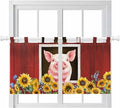 Pigs Sunflowers Kitchen Curtains 36 Inch Length, Small Window Curtains Tab Top, Farmhouse Red Barn Flowers Animals Light Filtering Short Window Treatments Tier Drapes 27.5"x36" 2 Panel