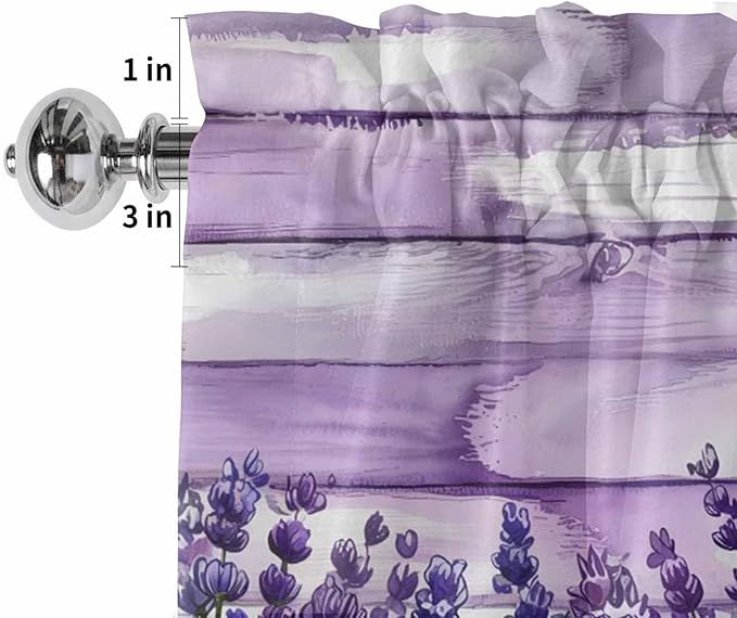 Kitchen Valances for Window, Retro Lavender on Farm Wood Grain Light Filtering Rod Pocket Valance Curtain, Watercolor Purple Flowers Short Curtains Window Topper for Bedroom Living Room 54x18in