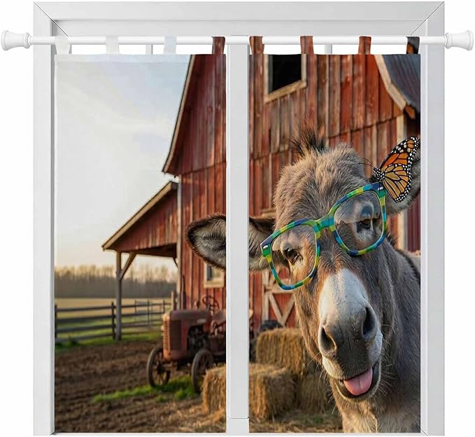 Farm Donkeys Bedroom Curtains 72 Inch Length, Window Curtains Tab Top, Farmhouse Barn Funny Animals Butterfly Light Filtering Window Treatments Drapes 52"x72" 2 Panel