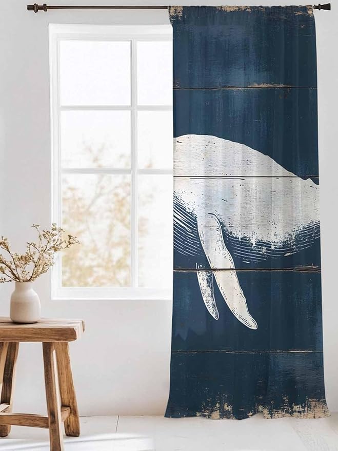 Sheer Curtains 108 Inches Long, Ocean Whale Blue Semi Sheer Curtains Light Filtering Window Treatment, Watercolor Coastal Vintage Wood Grain Privacy Voile Drapes for Living Room Bedroom 52x108 Inch