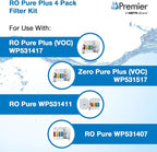 Watts Premier RO Pure Plus 4-Pack Filtration Kit for 4 Stage Pure Plus/Zero Pure Plus Reverse Osmosis System, Push Button Water Filter Replacement, Sediment Filter, Carbon Pre-Filter, VOC, Membrane