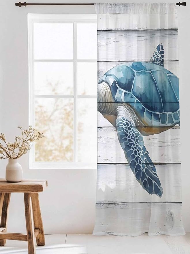 Sheer Curtains 108 Inches Long, Sea Turtle Blue Semi Sheer Curtains Light Filtering Window Treatment, Coastal Ocean Seaweed Wood Grain Privacy Voile Drapes for Living Room Bedroom 52x108 Inch