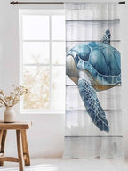 Sheer Curtains 108 Inches Long, Sea Turtle Blue Semi Sheer Curtains Light Filtering Window Treatment, Coastal Ocean Seaweed Wood Grain Privacy Voile Drapes for Living Room Bedroom 52x108 Inch