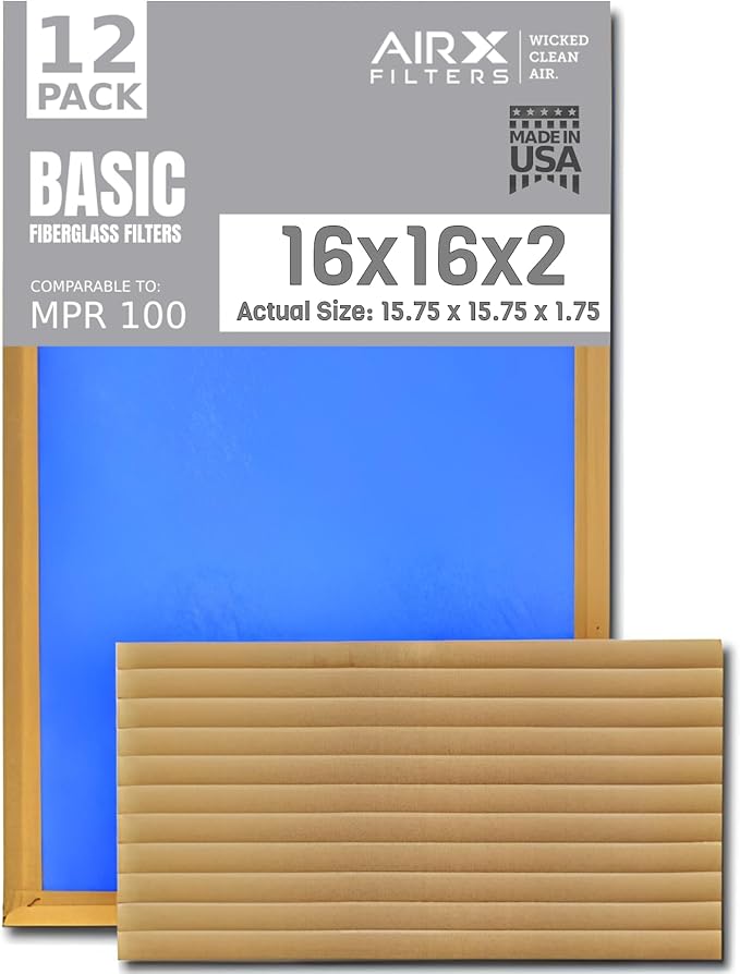16x16x2 Air Filter Comparable to MPR 100 Basic Economy Furnace Filters, 12 Pack of Non Pleated Fiberglass Filter For Dust - Low Airflow Restriction! From AIRX FILTERS WICKED CLEAN AIR.