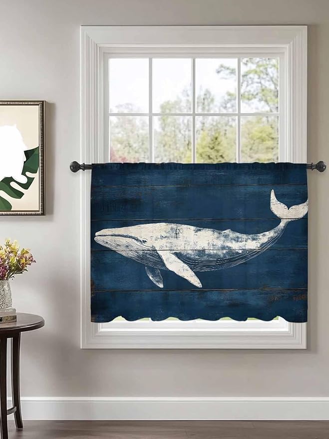 Sheer Curtains 54 Inch Length, Summer Whale Semi Sheer Curtains Light Filtering Window Treatment, Ocean Vintage Wooden Grain Blue Privacy Voile Drapes for Living Room Bedroom 52x54 Inch