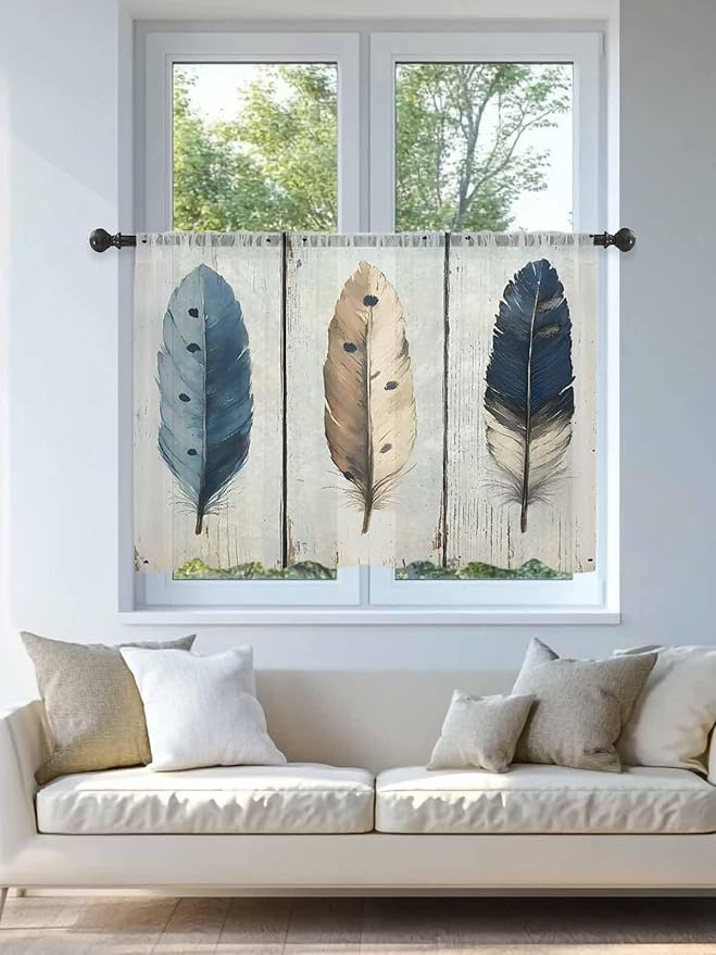 Sheer Curtains 54 Inch Length, Farmhouse Feather Semi Sheer Curtains Light Filtering Window Treatment, Watercolor Vintage Wooden Grain Privacy Voile Drapes for Living Room Bedroom 52x54 Inch